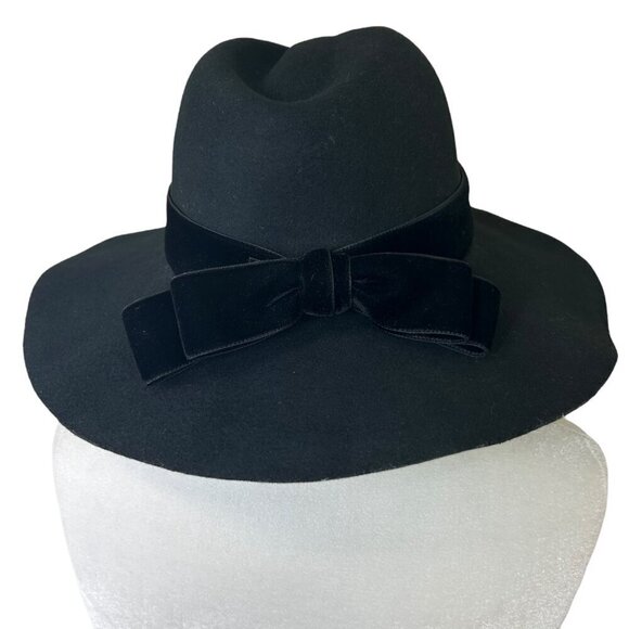 Sensi Studio - Women’s Felted Wool Fedora Hat, Velvet Band, Bow - Black, Large main image 5